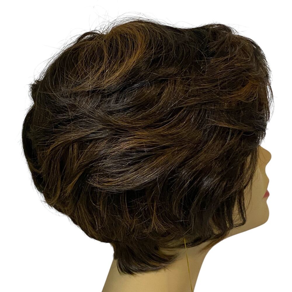 Human Hair Blend Wig Dk Brown Copper Frost Short Layered Pixie for Women  A835W4 - Picture 2 of 9